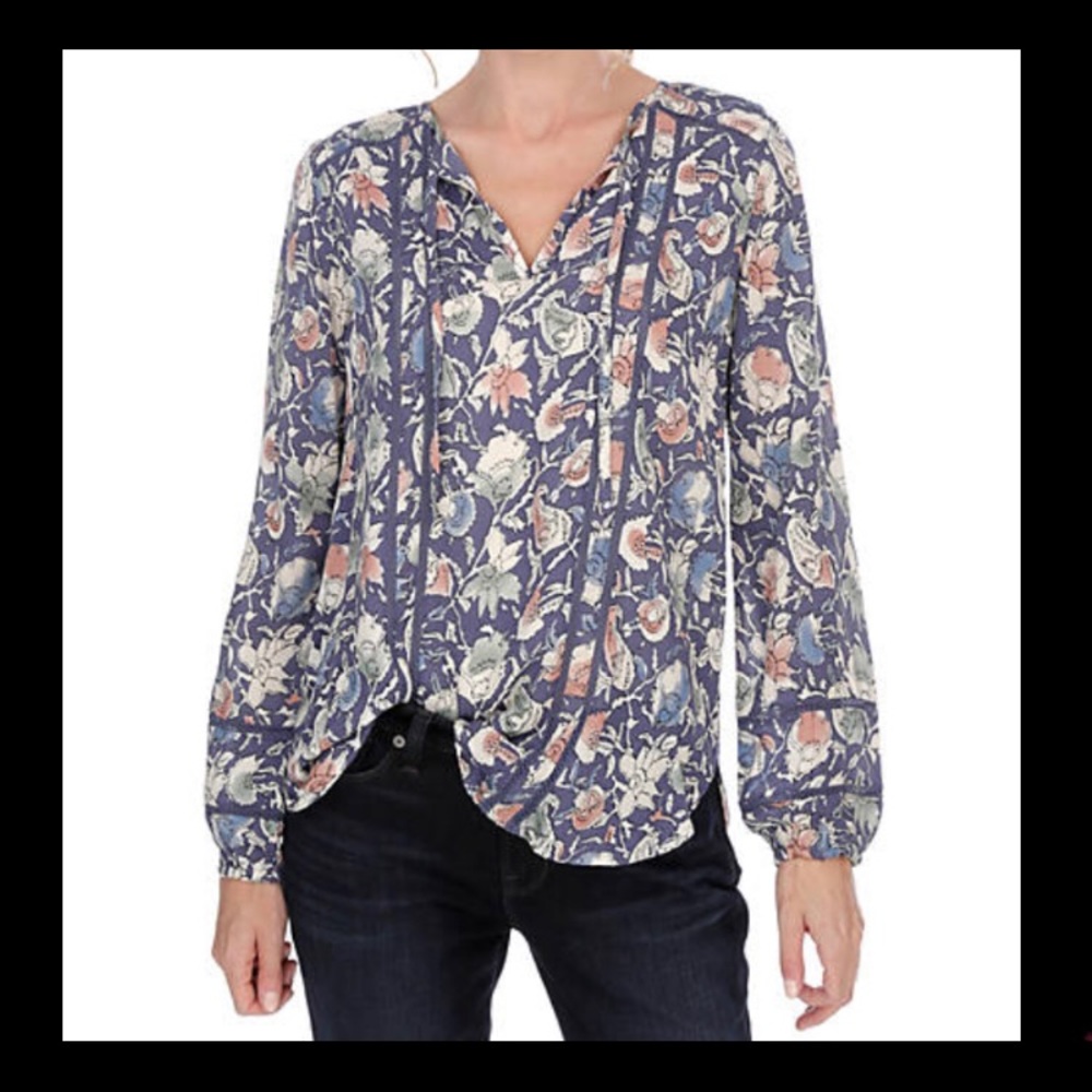 Lucky Brand Blue Painted Boho Floral Blouse Size Small - Picture 1 of 12